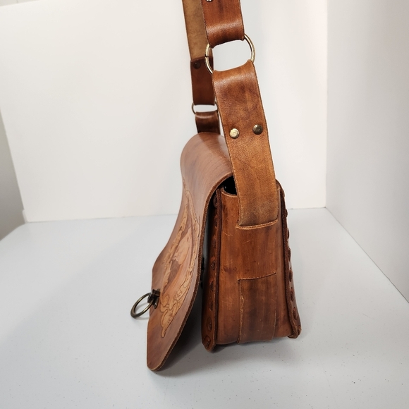 Vintage 1960s Mexican Tooled Leather Horse Lily Floral Crossbody Handbag Purse - Picture 4 of 12